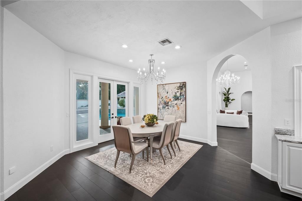 Chandelier, Dining room, Interior, Pendant Lights, Recessed Lighting, Wood Texture Flooring