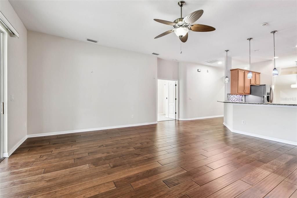 Empty room, Interior, Kitchen, Pendant Lights, Recessed Lighting, Wood Texture Flooring