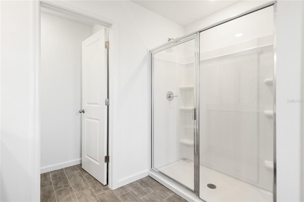 Bathroom, Glass Shower, Interior, Recessed Lighting, Wood Texture Flooring