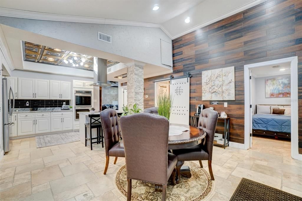 Dining room, Interior, Kitchen, Recessed Lighting, Stainless Steel Appliances, Wooden Walls