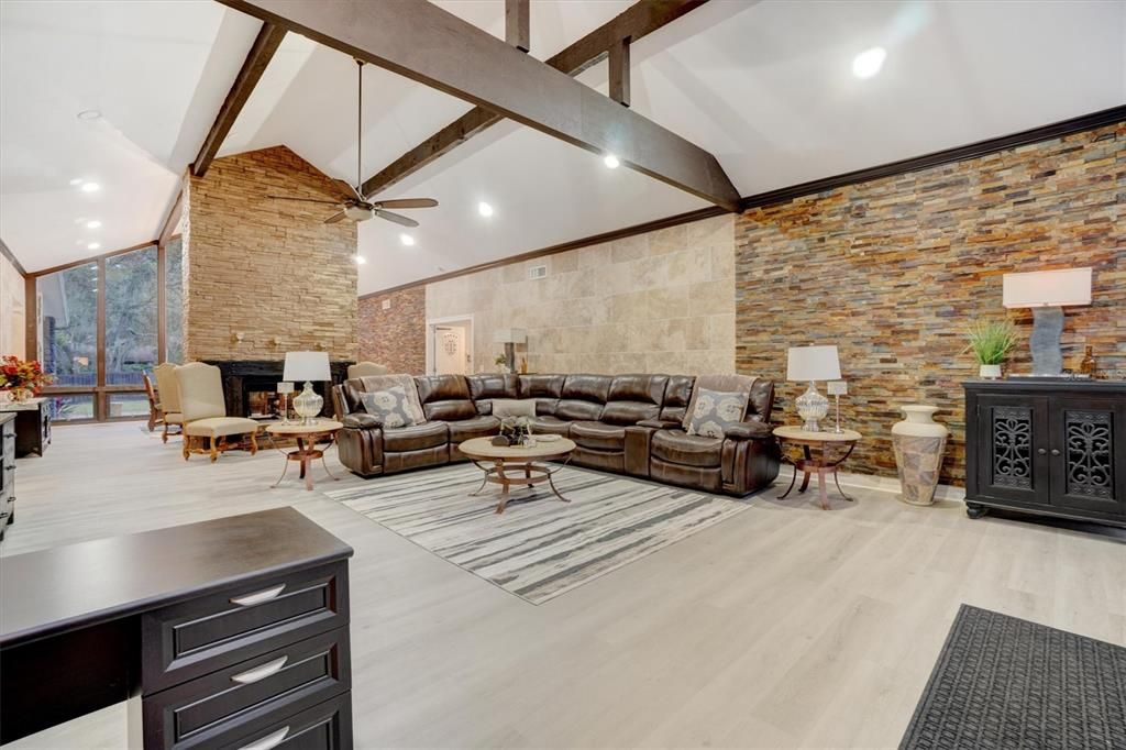 Interior, Living room, Recessed Lighting, Stone Walls, Wooden Beams, Wood Texture Flooring