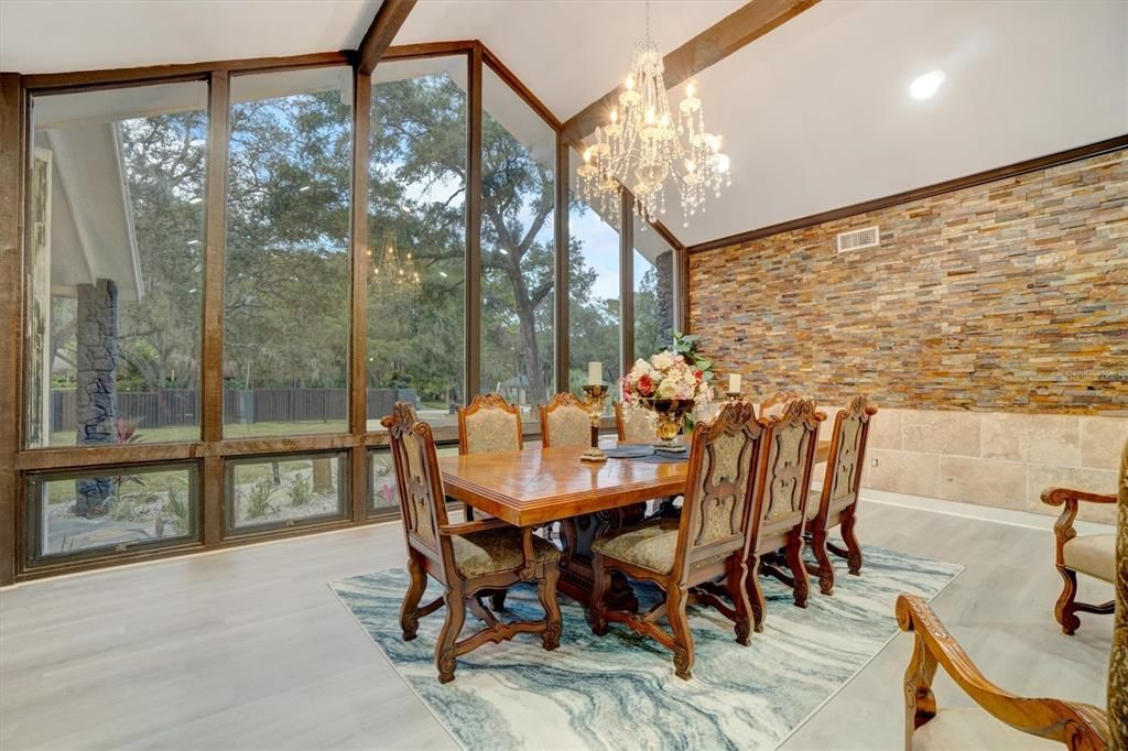 Chandelier, Dining room, Interior, Recessed Lighting, Stone Walls, Wood Texture Flooring