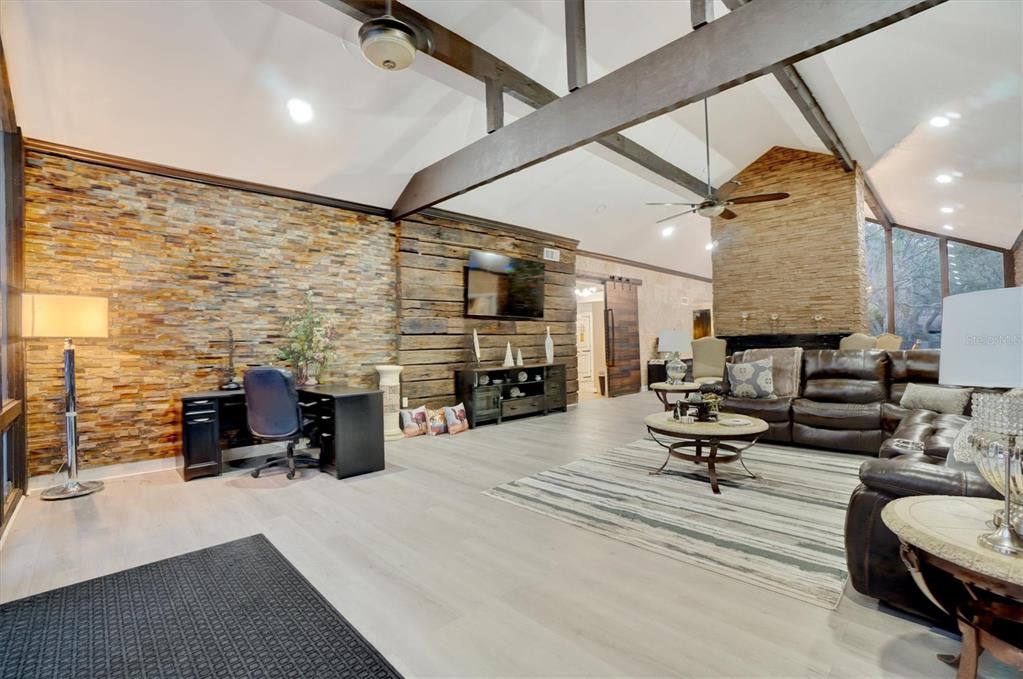 Home Office, Interior, Living room, Recessed Lighting, Stone Walls, Wood Texture Flooring