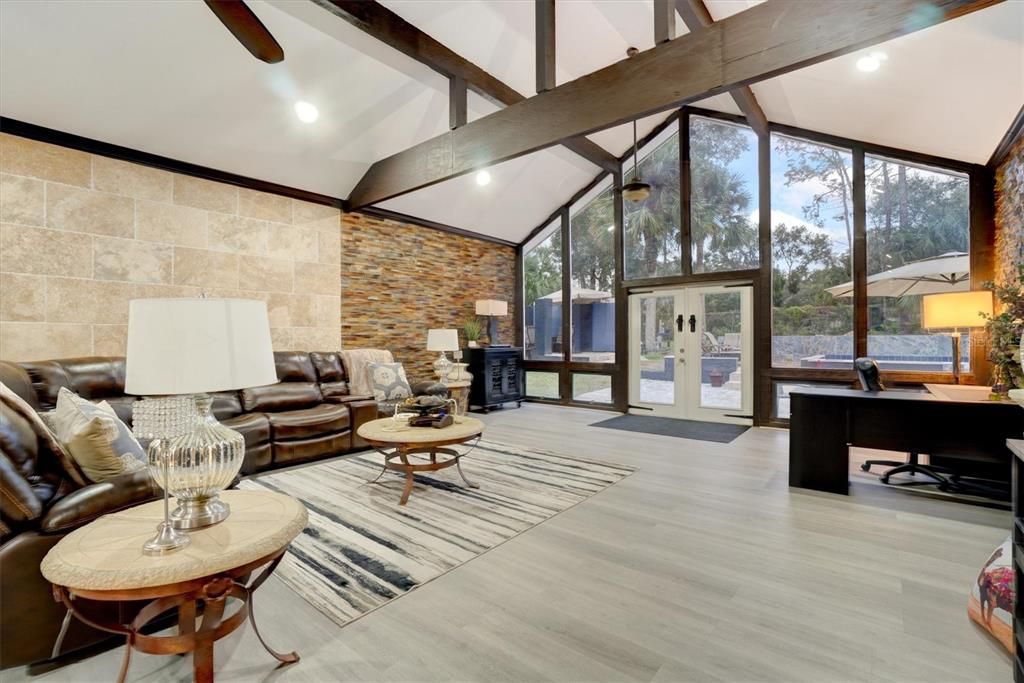 Interior, Living room, Recessed Lighting, Stone Walls, Wooden Beams, Wood Texture Flooring