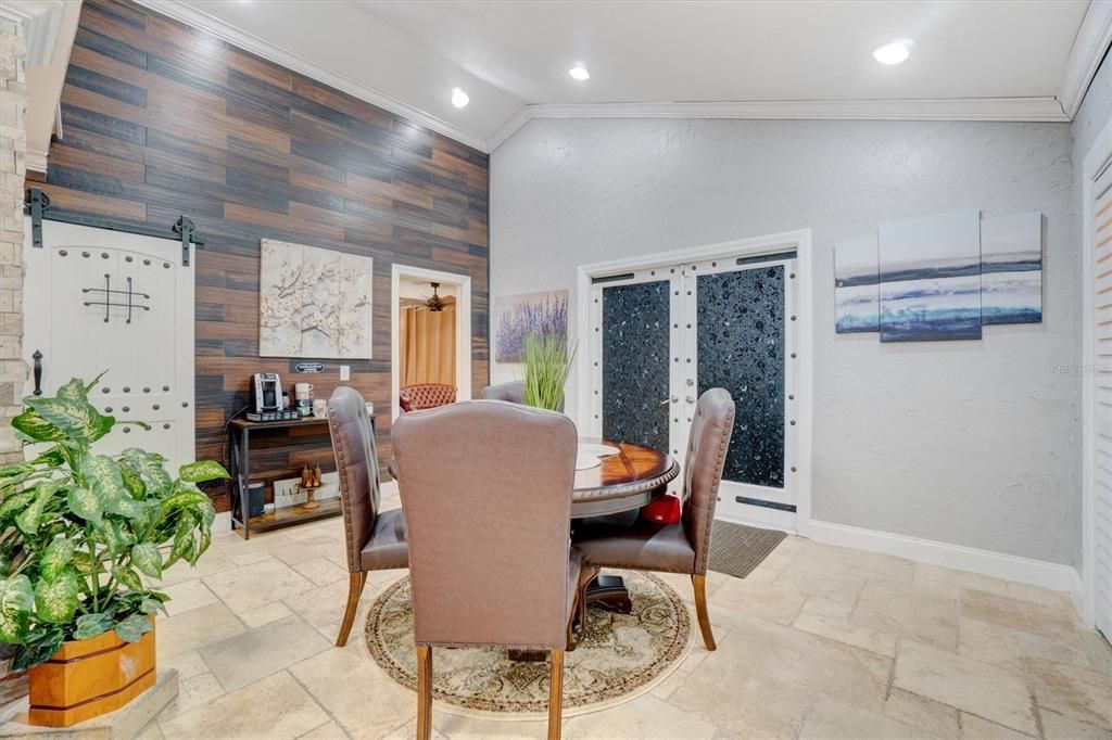 Dining room, Interior, Recessed Lighting, Wooden Walls