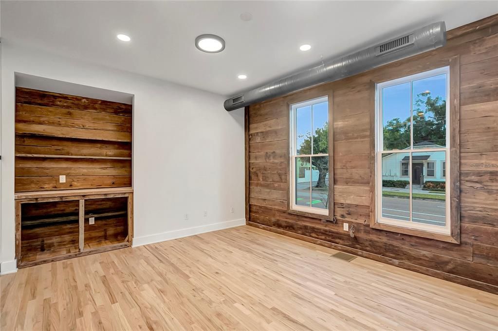 Empty room, Interior, Recessed Lighting, Wood Texture Flooring, Wooden Walls