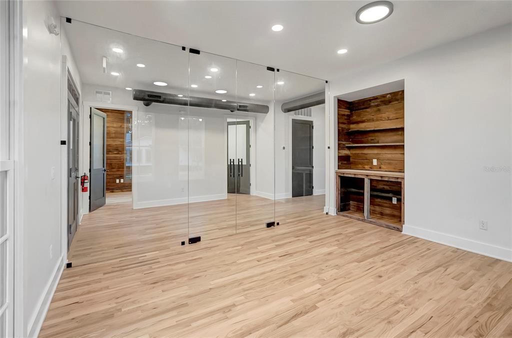 Interior, Recessed Lighting, Wood Texture Flooring, Wooden Walls