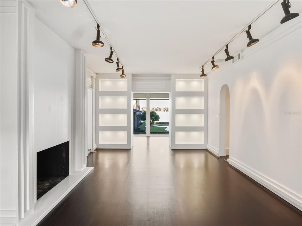 Empty room, Fireplace, Interior, Pendant Lights, Wood Texture Flooring