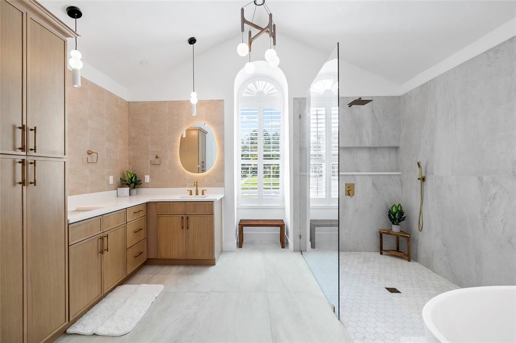 Bathroom, Dual Sink Vanities, Glass Shower, Interior, Pendant Lights