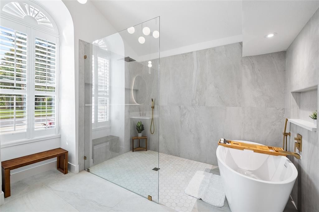 Bathroom, Free Standing Baths, Glass Shower, Interior, Marble Walls, Recessed Lighting