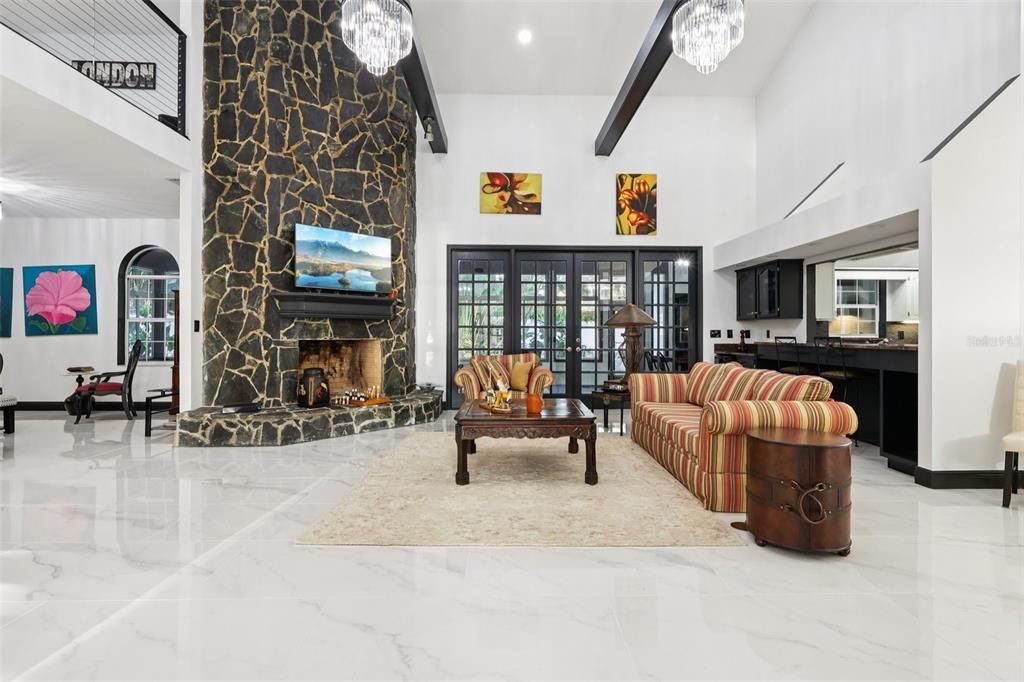 Fireplace, Interior, Living room, Marble, Pendant Lights, Recessed Lighting