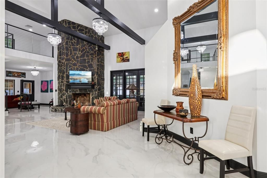 Chandelier, Fireplace, Interior, Living room, Marble, Pendant Lights, Recessed Lighting