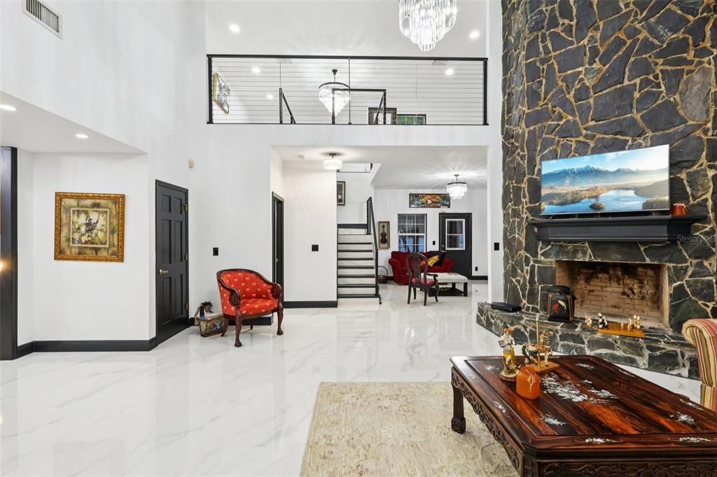 Chandelier, Fireplace, Interior, Living room, Marble, Pendant Lights, Recessed Lighting