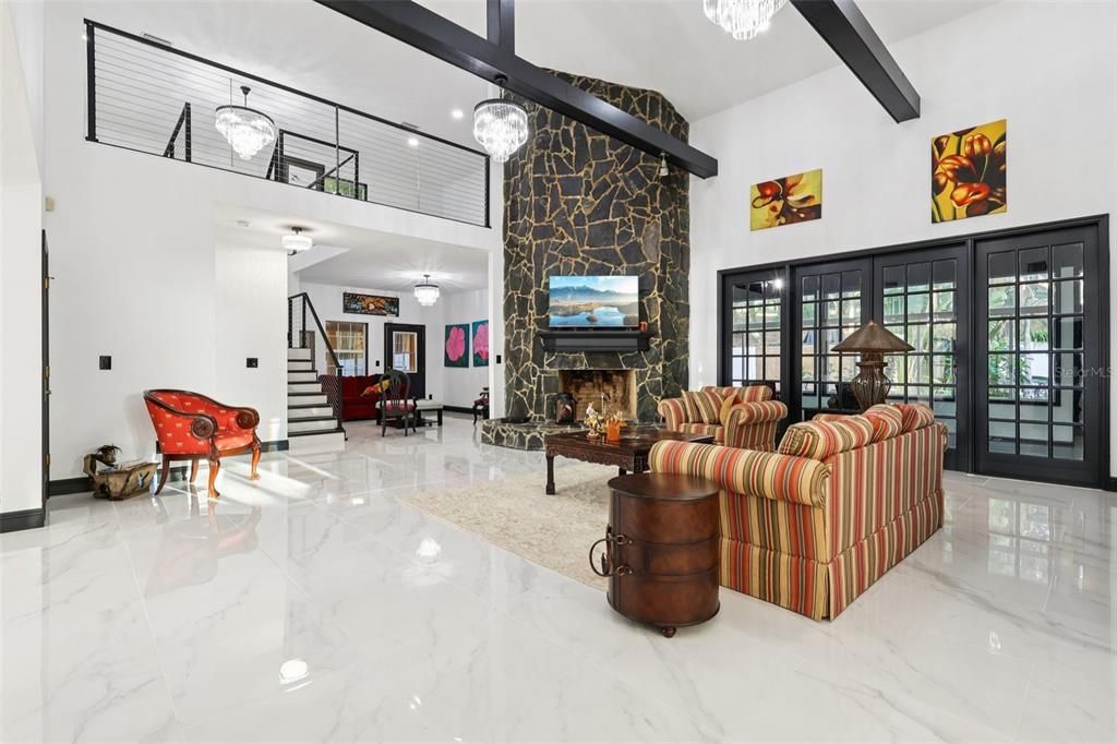 Fireplace, Interior, Living room, Marble, Recessed Lighting