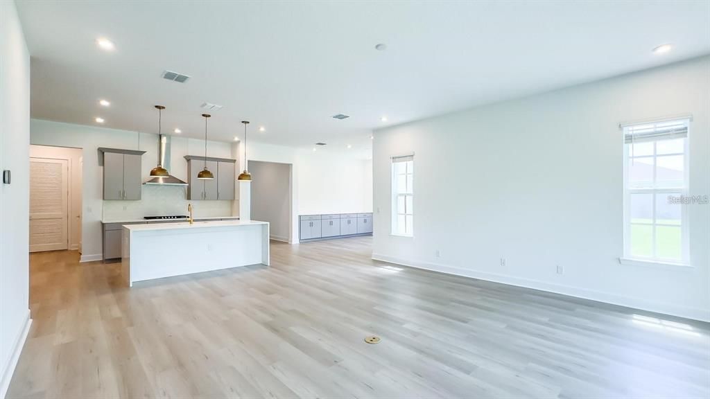 Empty room, Interior, Kitchen, Pendant Lights, Recessed Lighting, Wood Texture Flooring