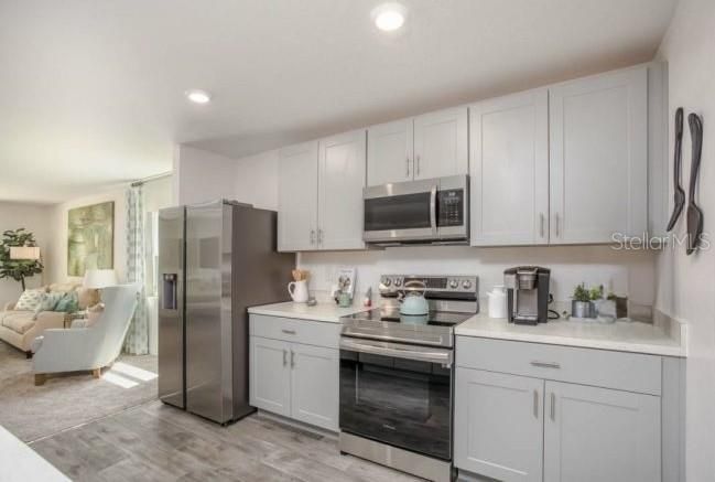 Interior, Kitchen, Living room, Recessed Lighting, Stainless Steel Appliances, Wood Texture Flooring