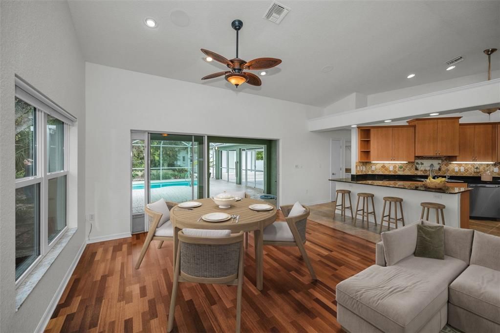 Dining room, Interior, Kitchen, Recessed Lighting, Wood Texture Flooring