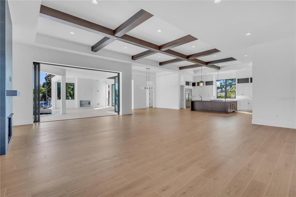 Empty room, Interior, Pendant Lights, Recessed Lighting, Wooden Beams, Wood Texture Flooring