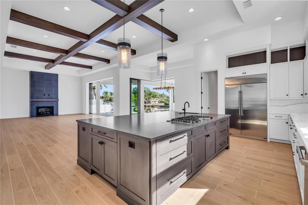 Interior, Kitchen, Pendant Lights, Recessed Lighting, Stainless Steel Appliances, Wooden Beams, Wood Texture Flooring