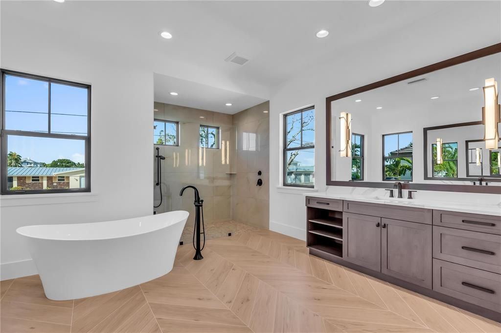 Bathroom, Dual Sink Vanities, Free Standing Baths, Glass Shower, Interior, Recessed Lighting, Wood Texture Flooring