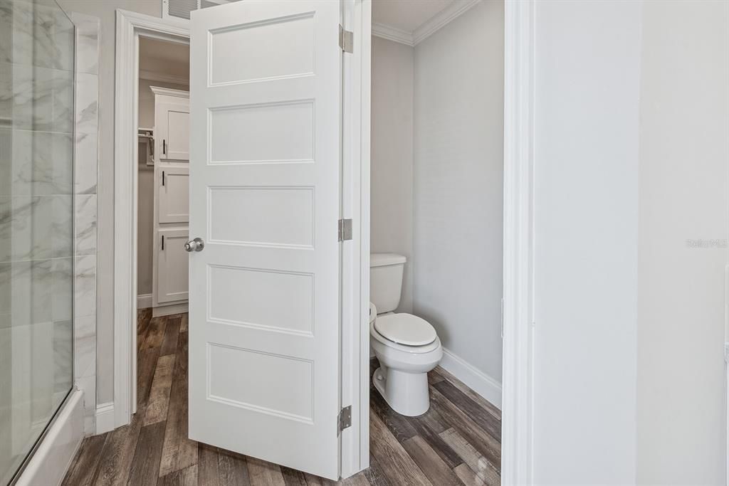 Bathroom, Glass Shower, Interior, Wood Texture Flooring