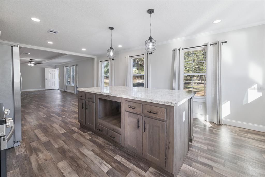 Interior, Kitchen, Pendant Lights, Recessed Lighting, Wood Texture Flooring