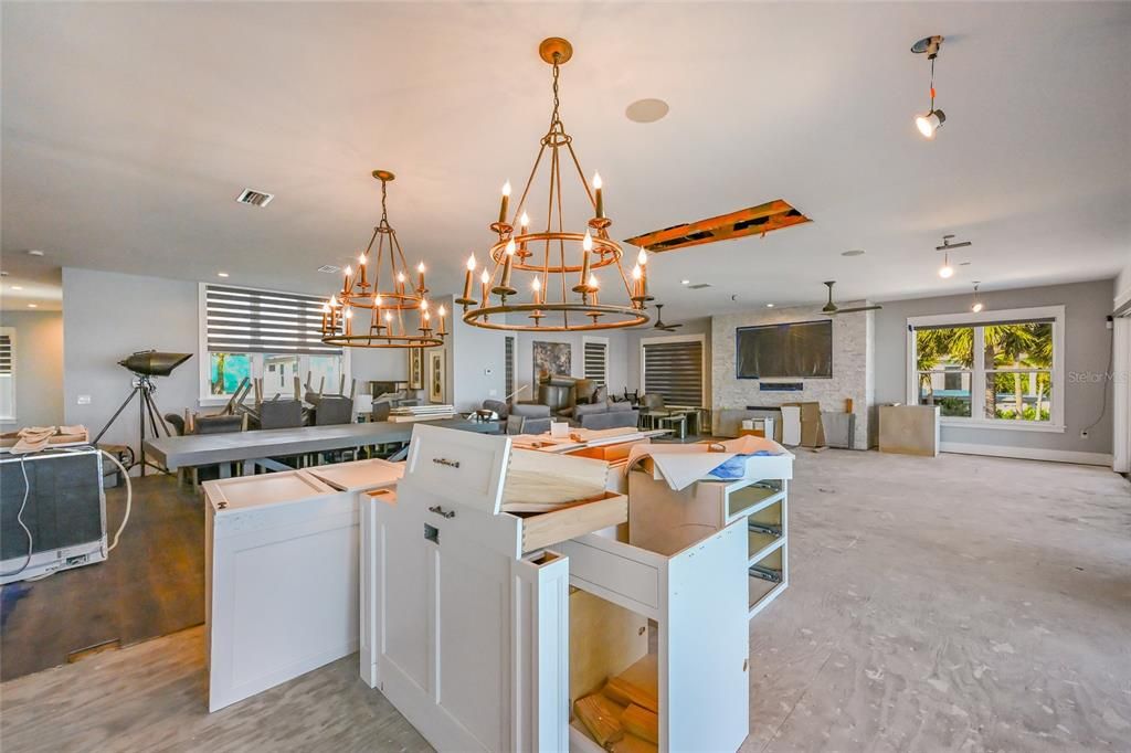 Dining room, Interior, Pendant Lights, Recessed Lighting, Stone Walls