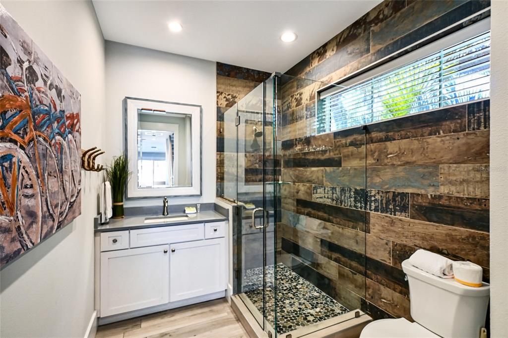 Bathroom, Glass Shower, Interior, Recessed Lighting, Wood Texture Flooring