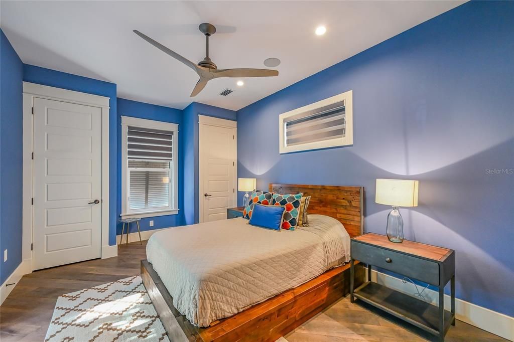 Bedroom, Interior, Recessed Lighting, Wood Texture Flooring