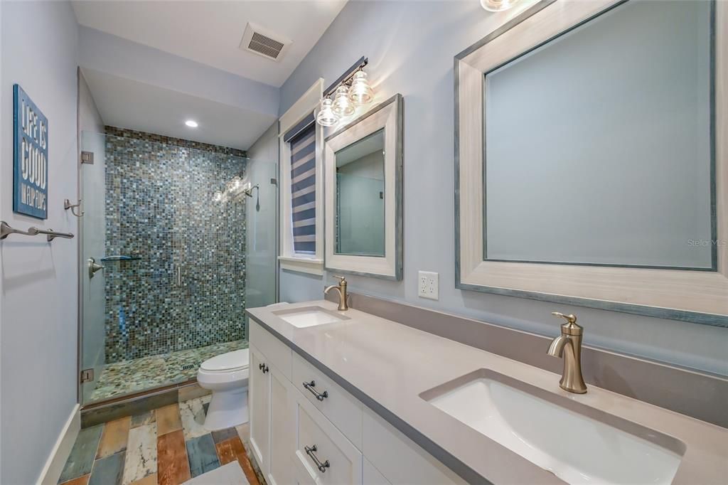 Bathroom, Dual Sink Vanities, Glass Shower, Interior, Recessed Lighting
