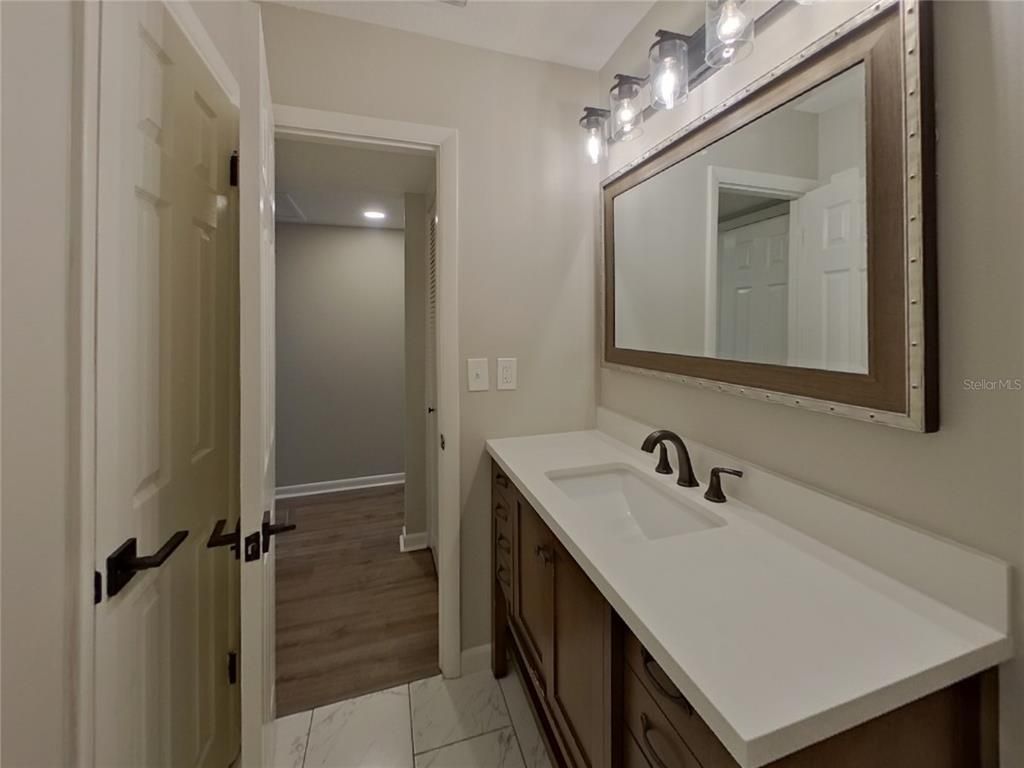 Bathroom, Interior, Marble, Recessed Lighting, Wood Texture Flooring