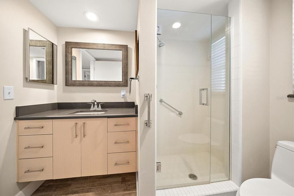 Bathroom, Glass Shower, Interior, Recessed Lighting, Wood Texture Flooring