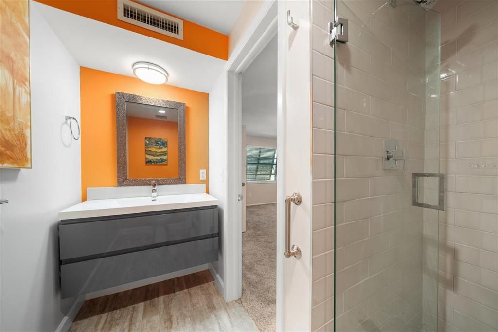 Bathroom, Glass Shower, Interior, Wood Texture Flooring