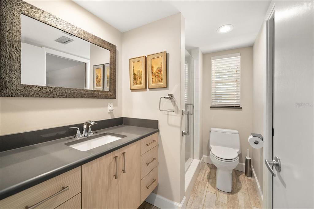 Bathroom, Interior, Recessed Lighting, Wood Texture Flooring