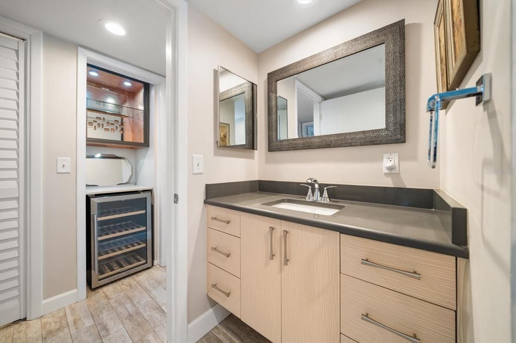 Bathroom, Dual Sink Vanities, Interior, Recessed Lighting, Wood Texture Flooring