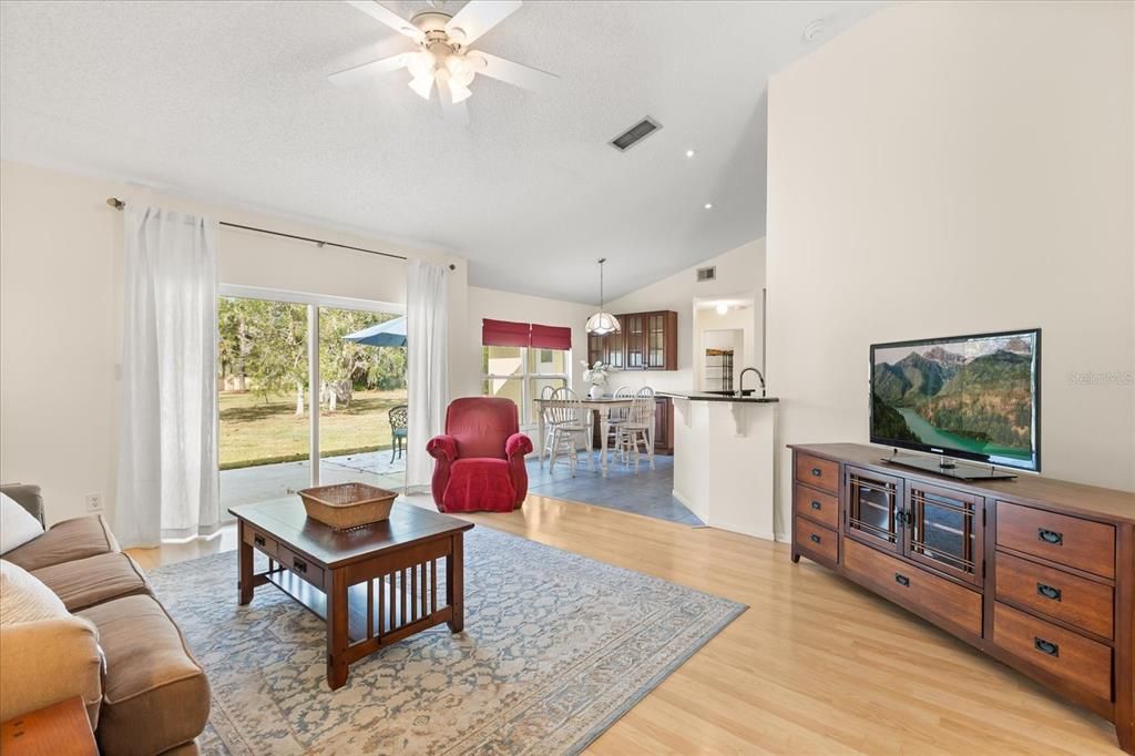Dining room, Interior, Living room, Pendant Lights, Recessed Lighting, Wood Texture Flooring
