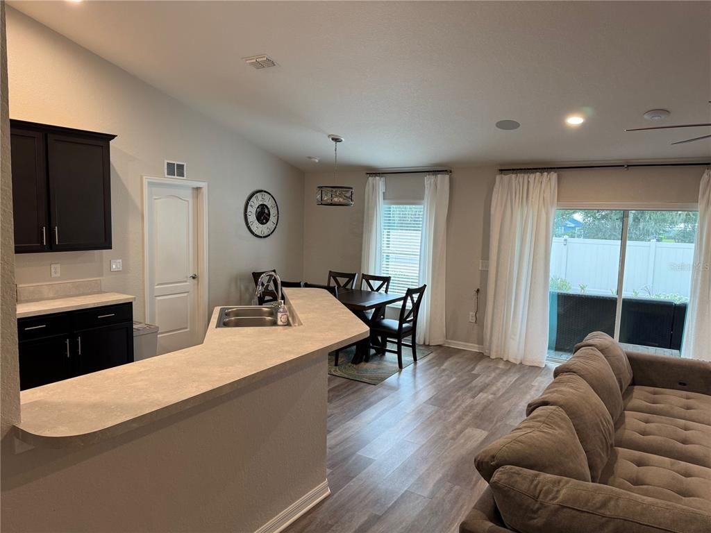 Dining room, Interior, Recessed Lighting, Wood Texture Flooring