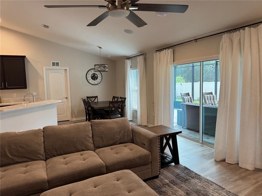 Dining room, Interior, Living room, Pendant Lights, Wood Texture Flooring