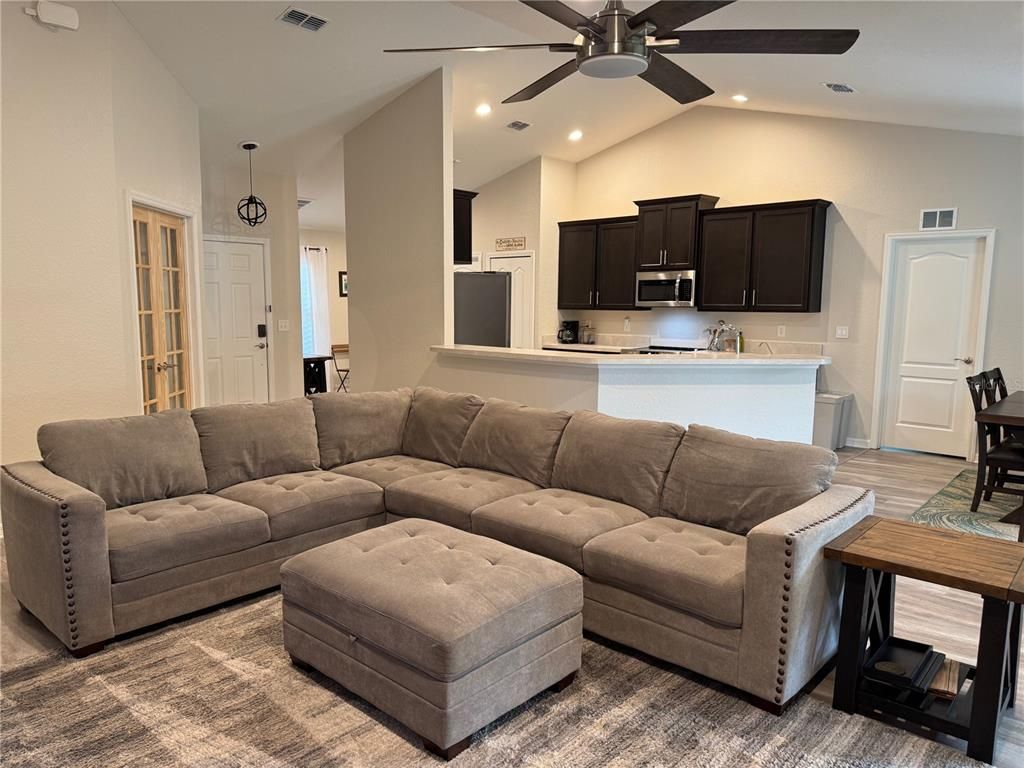 Interior, Kitchen, Living room, Recessed Lighting, Wood Texture Flooring