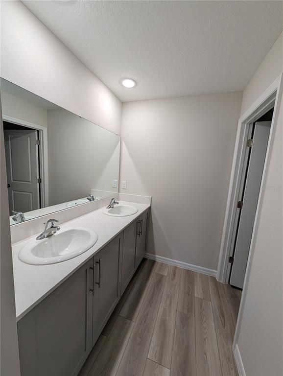Bathroom, Dual Sink Vanities, Interior, Recessed Lighting, Wood Texture Flooring