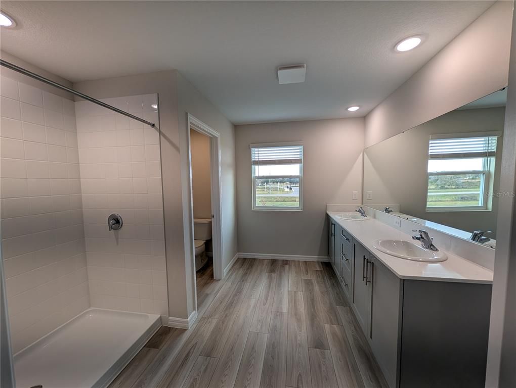 Bathroom, Dual Sink Vanities, Interior, Recessed Lighting, Wood Texture Flooring