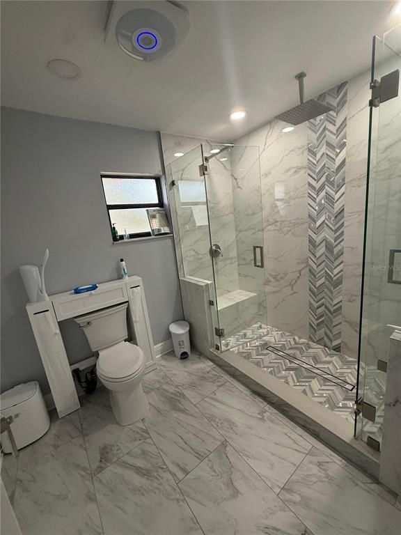 Bathroom, Glass Shower, Interior, Marble, Marble Walls, Recessed Lighting