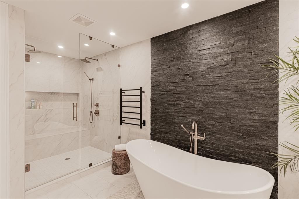 Bathroom, Free Standing Baths, Glass Shower, Interior, Marble Walls, Recessed Lighting