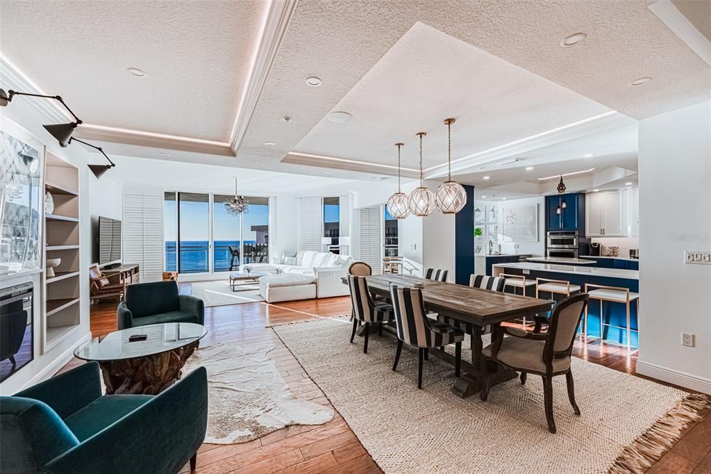 Chandelier, Dining room, Interior, Kitchen, Living room, Pendant Lights, Recessed Lighting, Water, Wood Texture Flooring