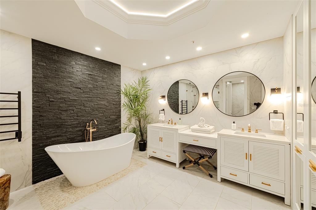Bathroom, Dual Sink Vanities, Free Standing Baths, Interior, Marble, Marble Walls, Recessed Lighting
