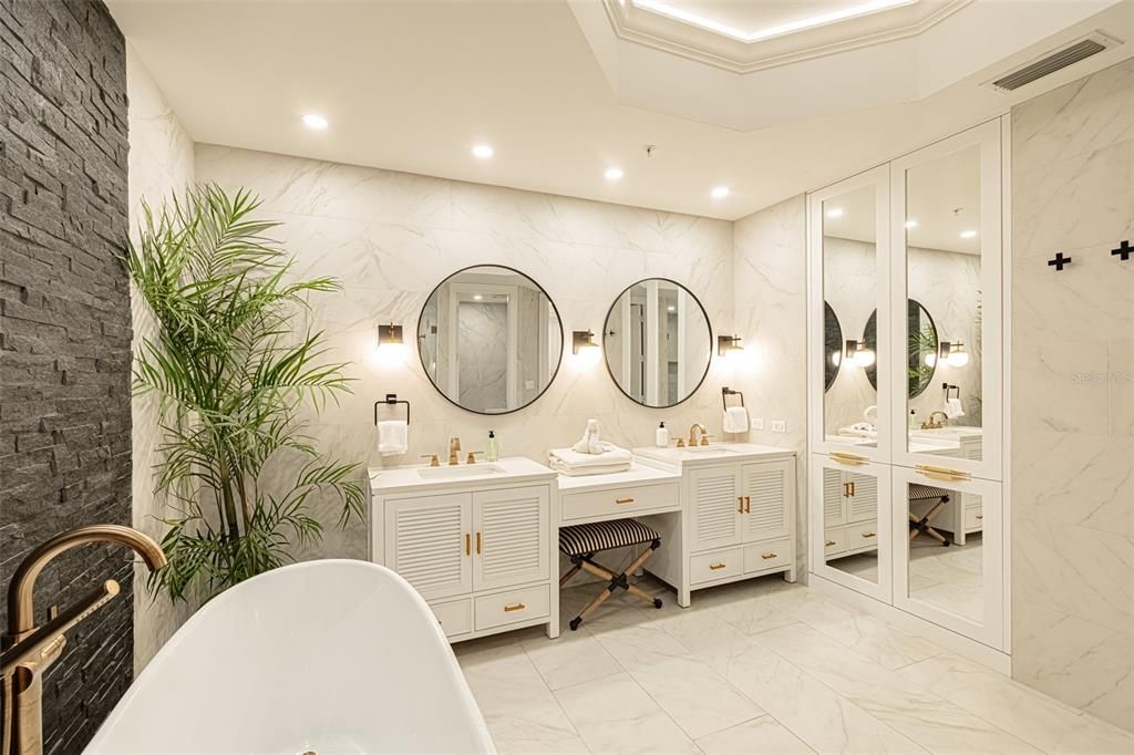 Bathroom, Dual Sink Vanities, Free Standing Baths, Interior, Marble, Marble Walls, Recessed Lighting