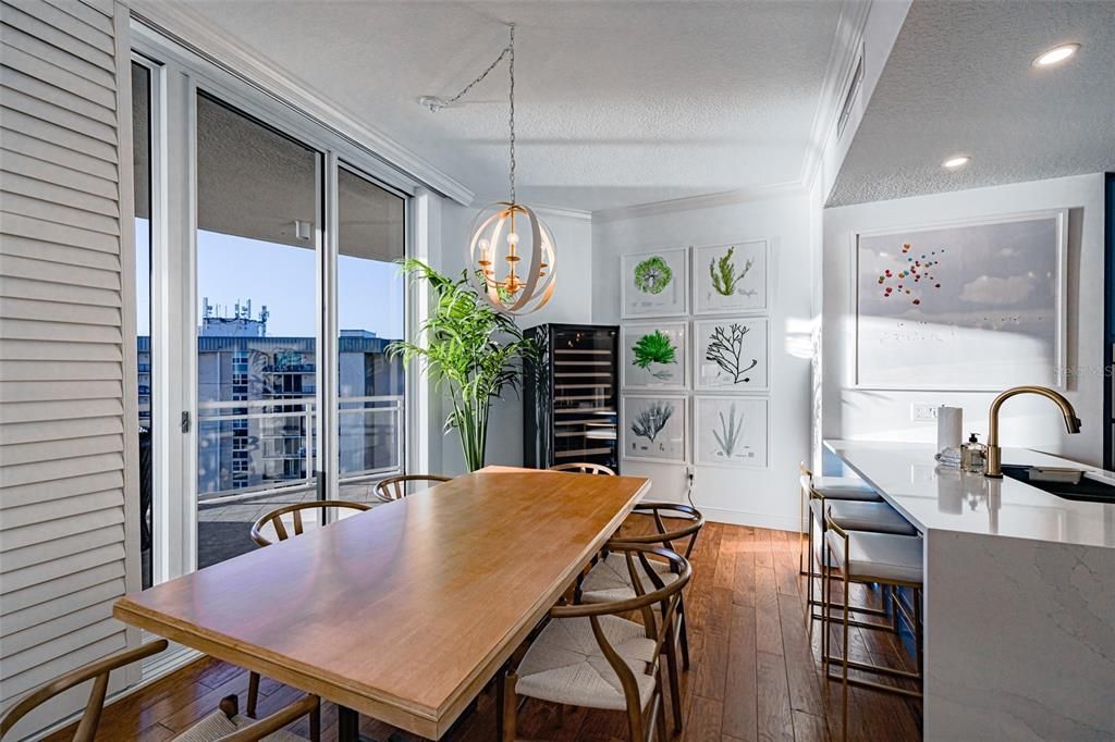 Dining room, Interior, Pendant Lights, Recessed Lighting, Wood Texture Flooring