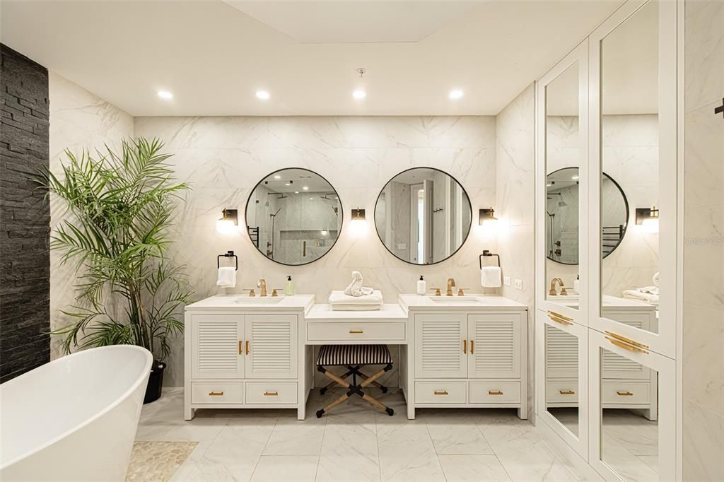 Bathroom, Dual Sink Vanities, Free Standing Baths, Interior, Marble, Marble Walls, Recessed Lighting
