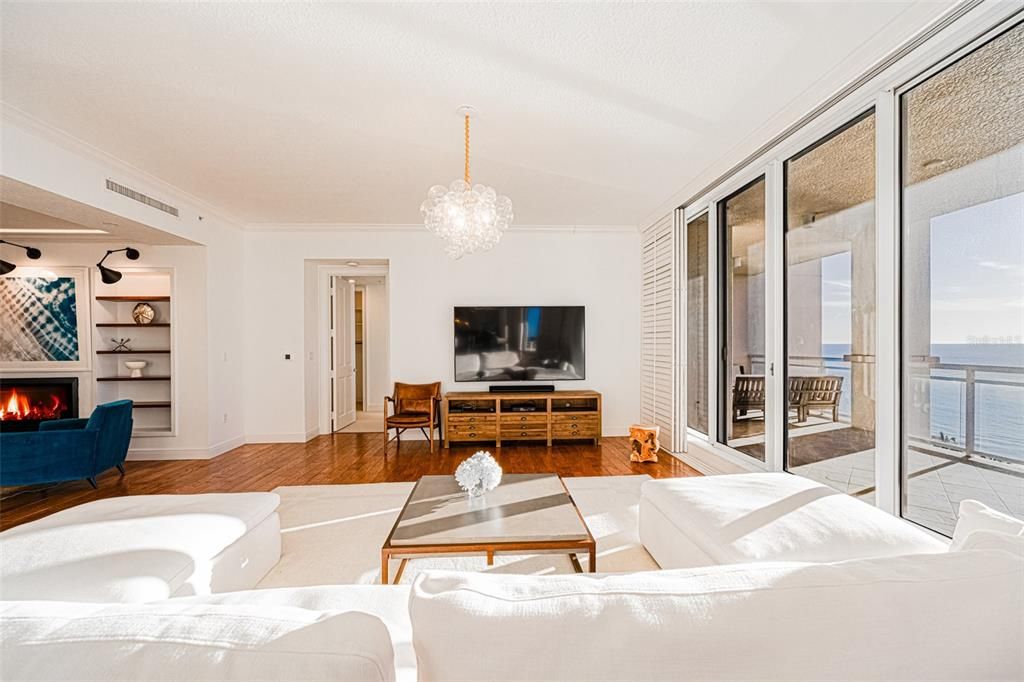 Chandelier, Fireplace, Interior, Living room, Water, Wood Texture Flooring