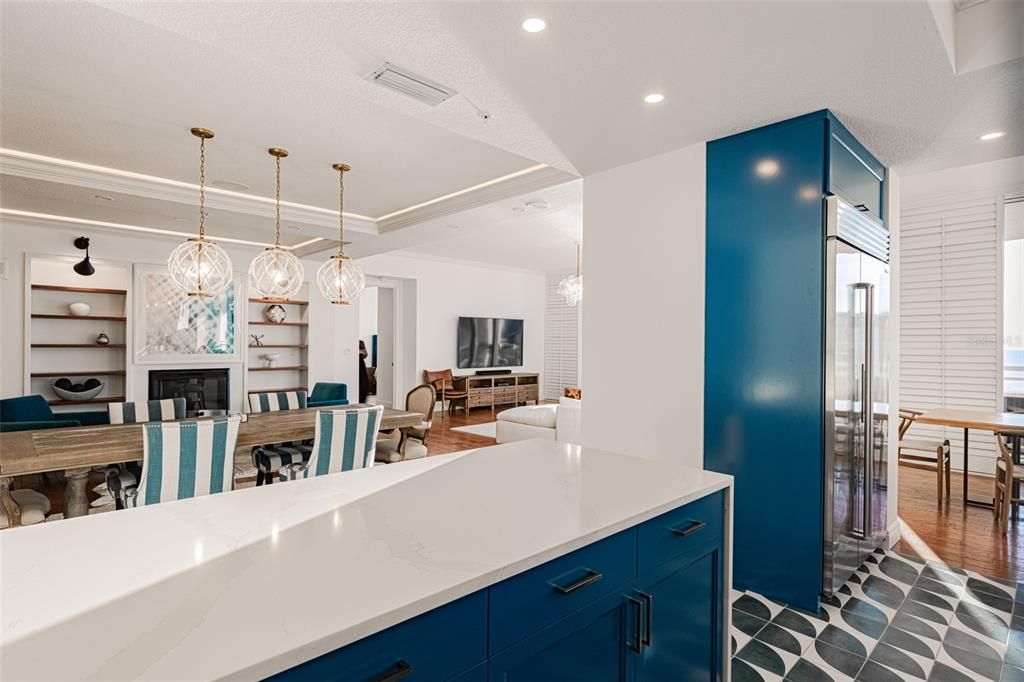 Dining room, Fireplace, Interior, Kitchen, Pendant Lights, Recessed Lighting, Wood Texture Flooring